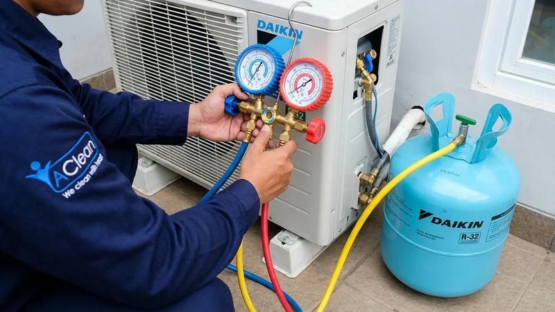 Pengisian freon original Daikin oleh teknisi AClean